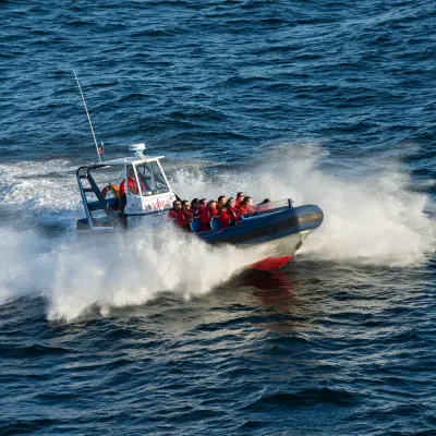 a man riding on the back of a boat in a body of water