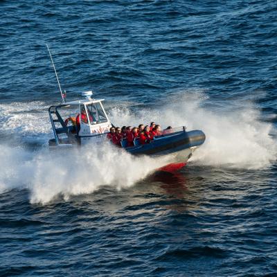 a man riding on the back of a boat in a body of water