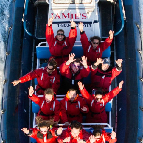 a group of people riding on the back of a boat