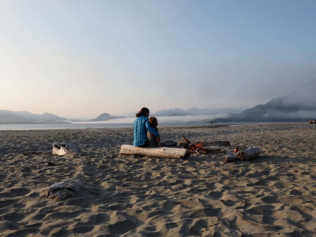 a group of people sitting at a beach