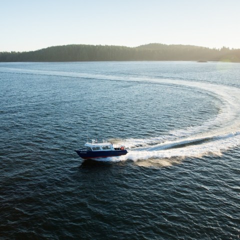 Boat making a large circular wake in calm ocean near forested island at sunset.